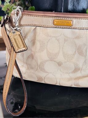 Coach Beige Signature Wristlet with Leather Trim